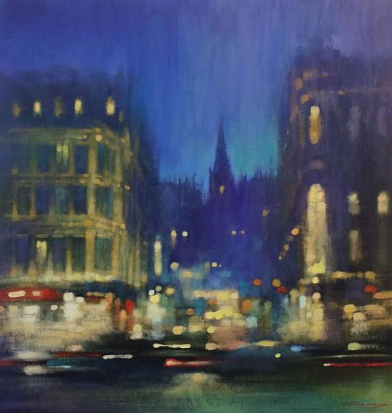 London Bustle by Night - contemporary impressionist night London cityscape