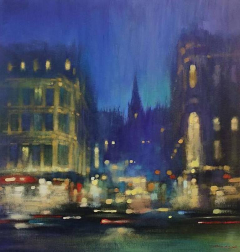 David Hinchliffe Figurative Painting - London Bustle by Night - contemporary impressionist night London cityscape