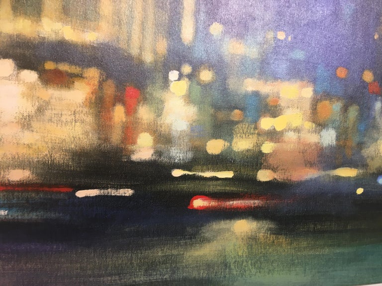 London Bustle by Night - contemporary impressionist night London cityscape - Blue Figurative Painting by David Hinchliffe