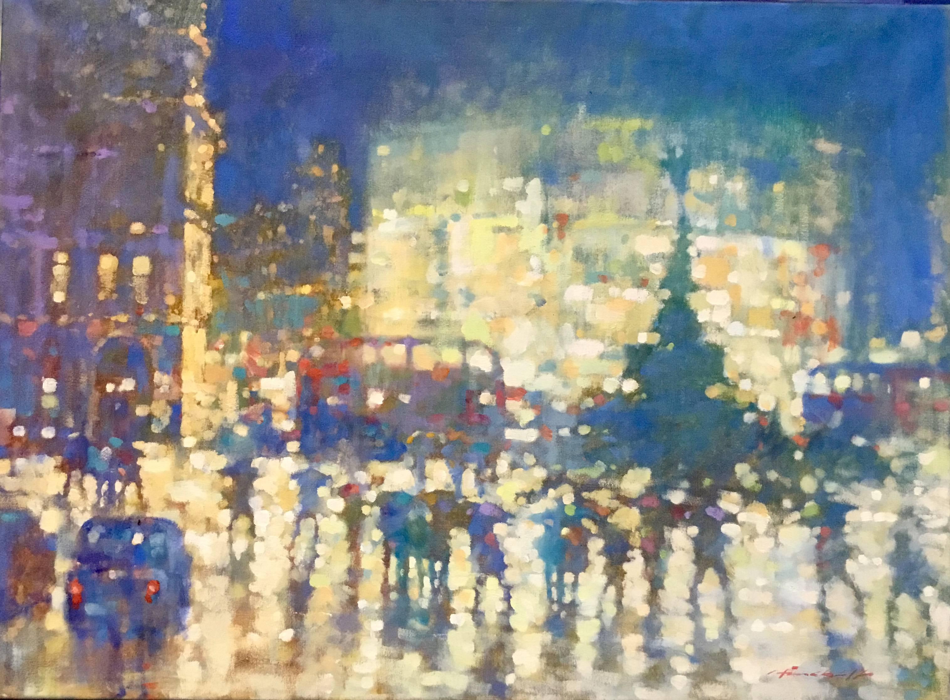 David Hinchliffe Figurative Painting - Backlit - contemporary impressionism, night London cityscape oil painting