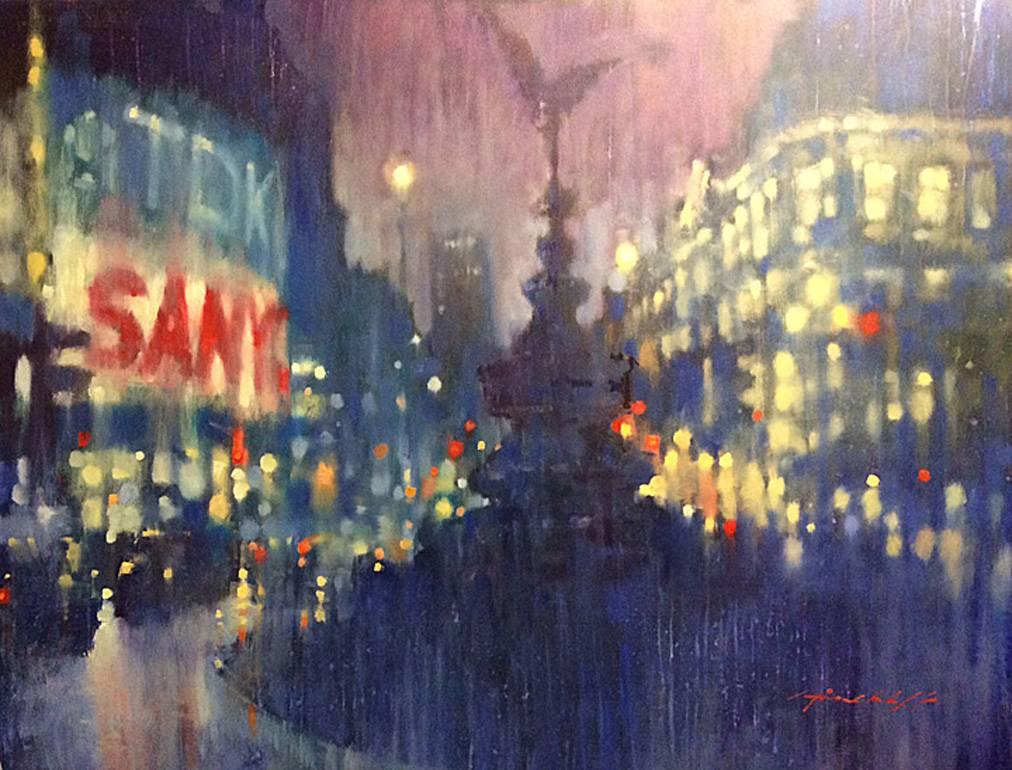 Evening Lights, Piccadilly Circus - impressionist blue London cityscape oil 