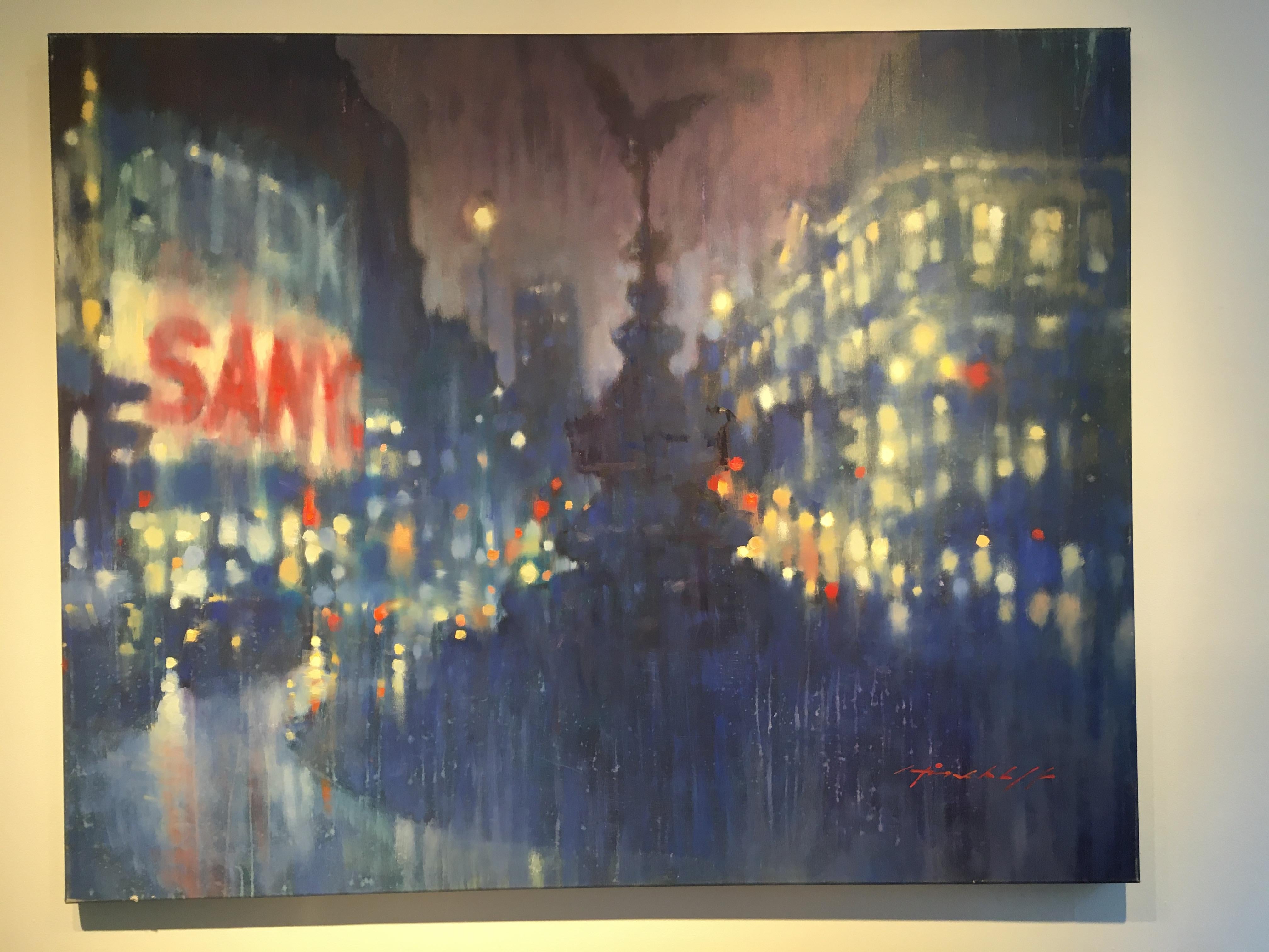 Evening Lights, Piccadilly Circus - impressionist blue London cityscape oil  - Gray Landscape Painting by David Hinchliffe