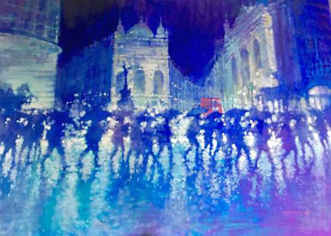 Piccadilly Reflections - contemporary cityscape London lights blue painting