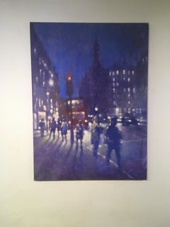 Strand Night - contemporary impressionist blue London night lights cityscape