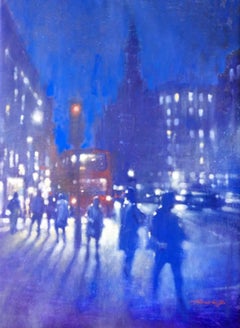 Strand Night - contemporary impressionist blue London night lights cityscape