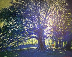 Hampstead Heath in Blue - impressionist blue and green park tree oil on canvas