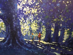 Hampstead Heath in Blue - impressionist blue and green park tree oil on canvas