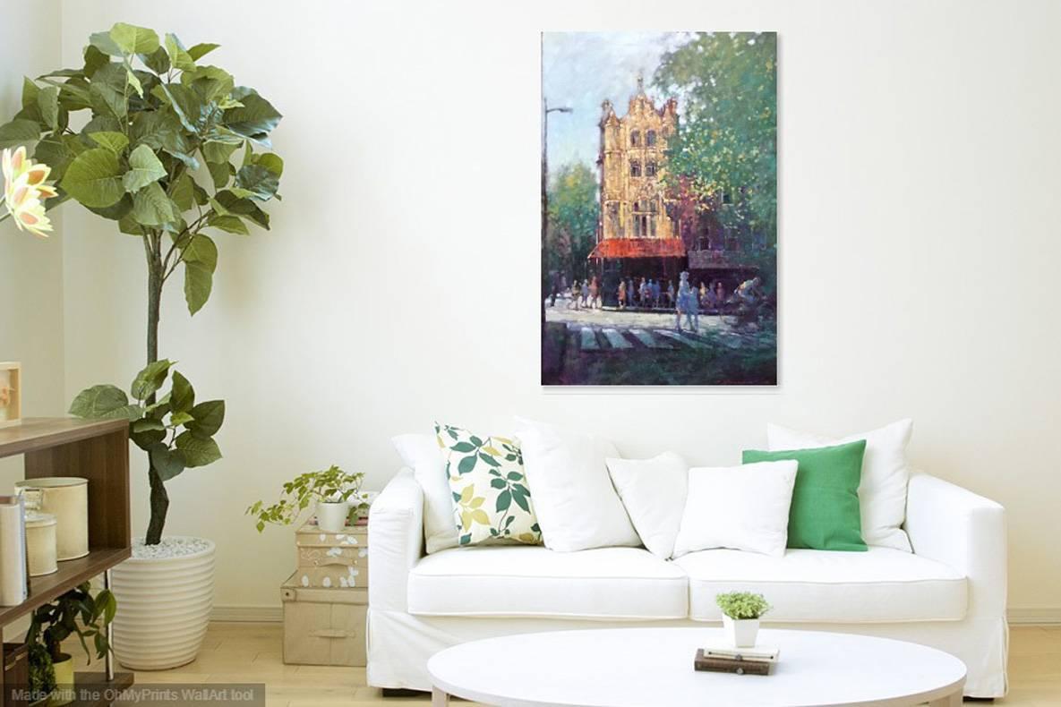 Il sole nascente - paesaggio urbano impressionista architettura albero olio su tela - Painting di David Hinchliffe