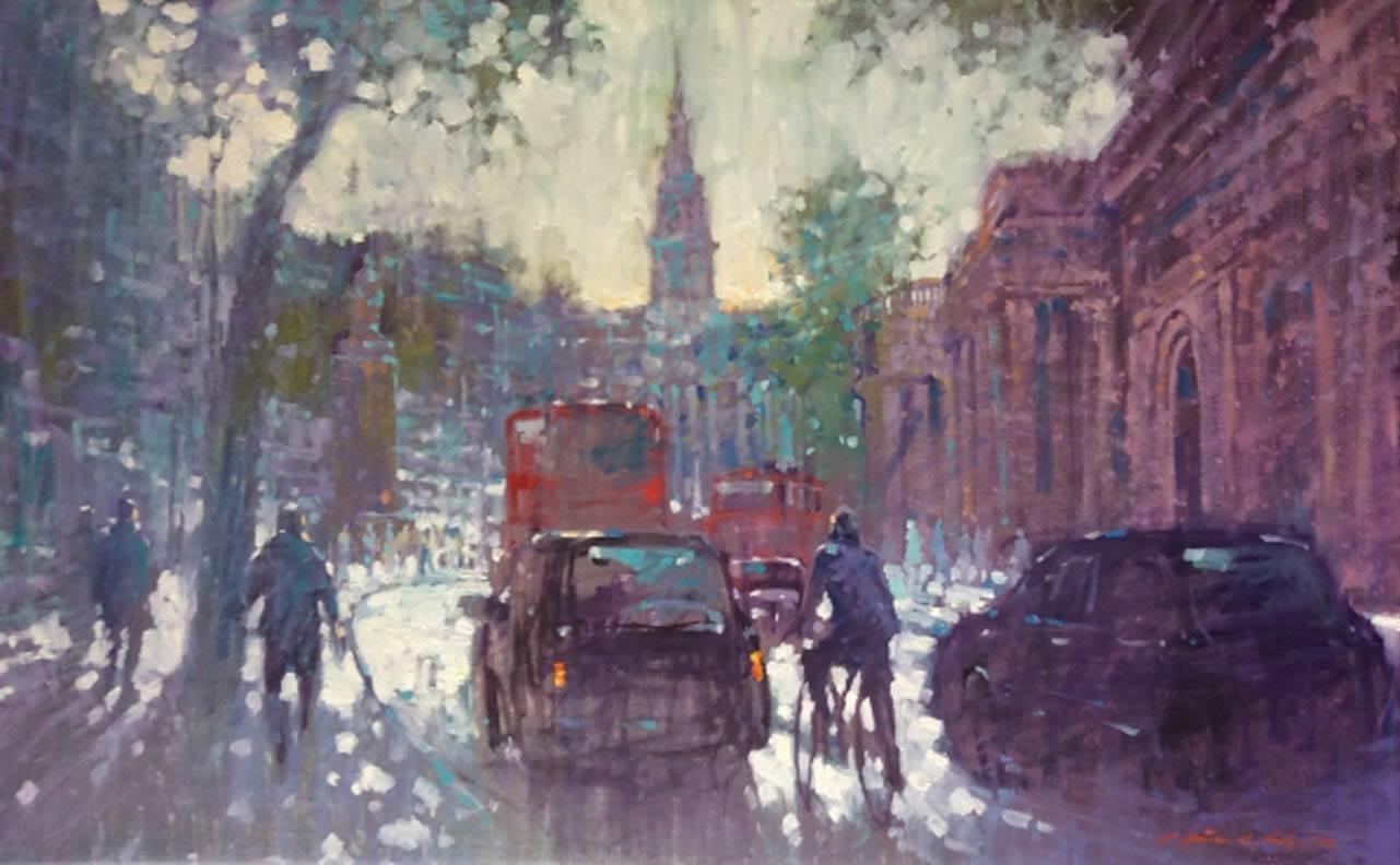 David Hinchliffe Figurative Painting - Charing Cross - contemporary impressionist London cityscape traffic