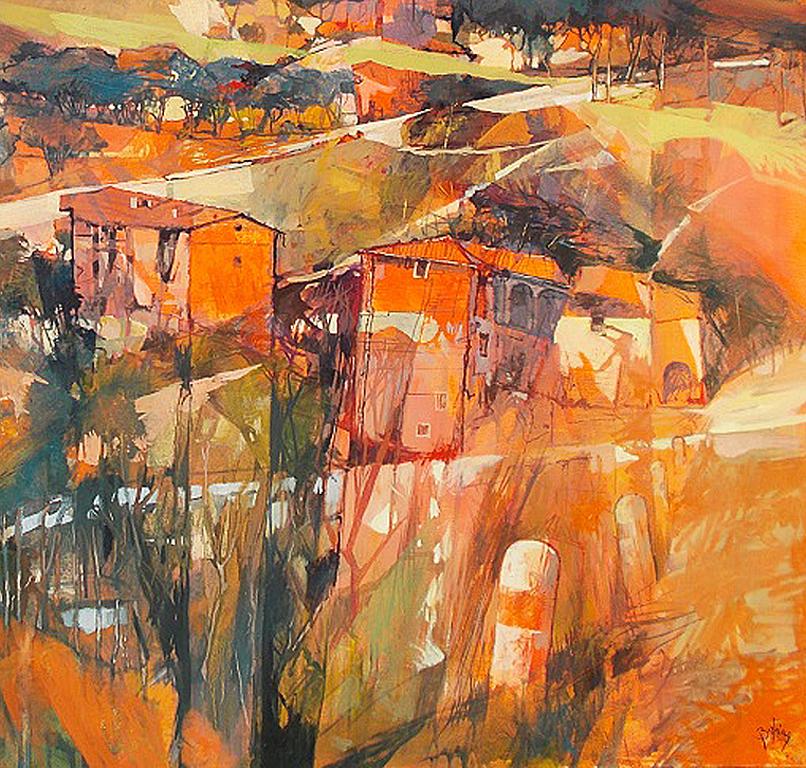 Red Bricks - peinture à l'huile italienne contemporaine de paysage orange d'été en Toscane en vente 1