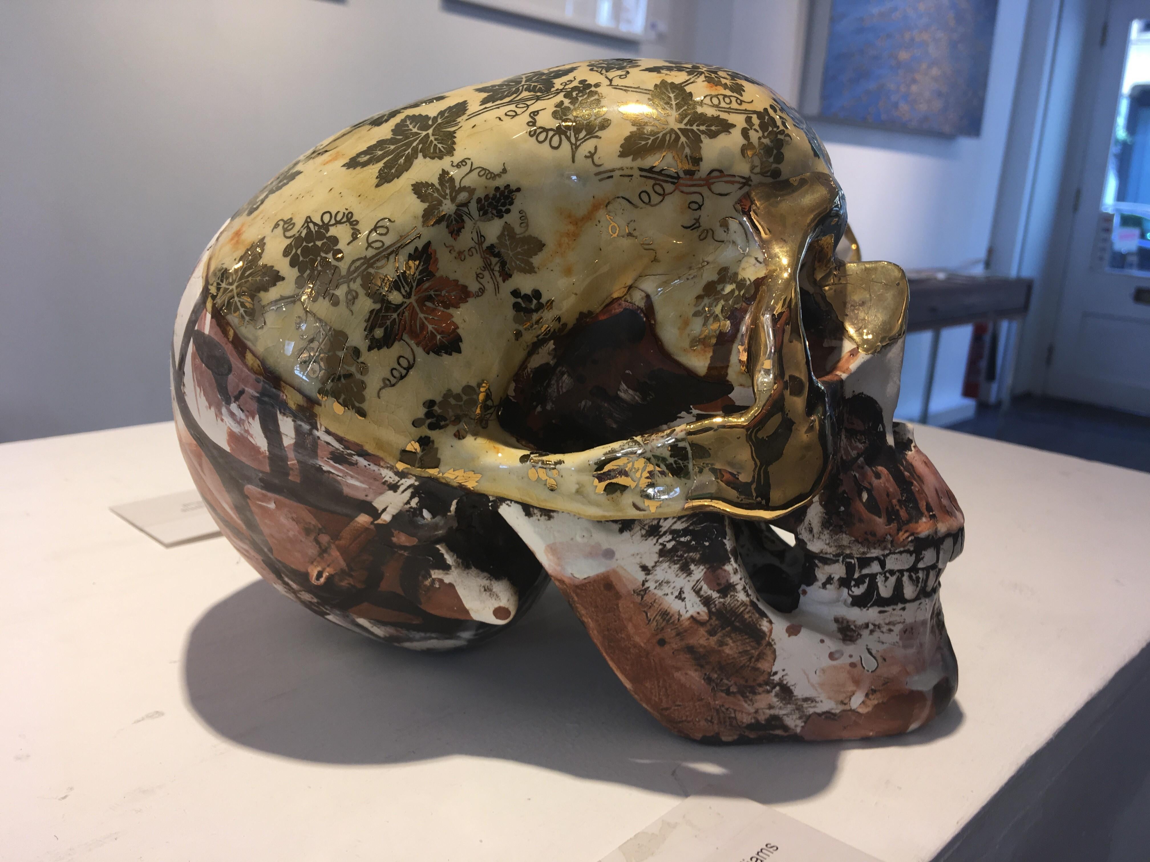 Vineyard Camouflage Skull - contemporary ceramic vanity sculpture - Beige Figurative Sculpture by Pierre Williams