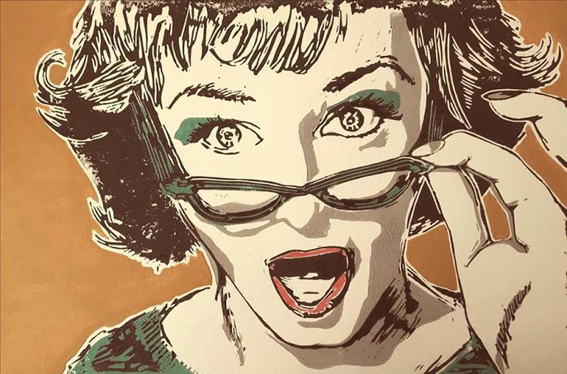 Oh My! - figurative woman face surprise glasses colourful print aluminium