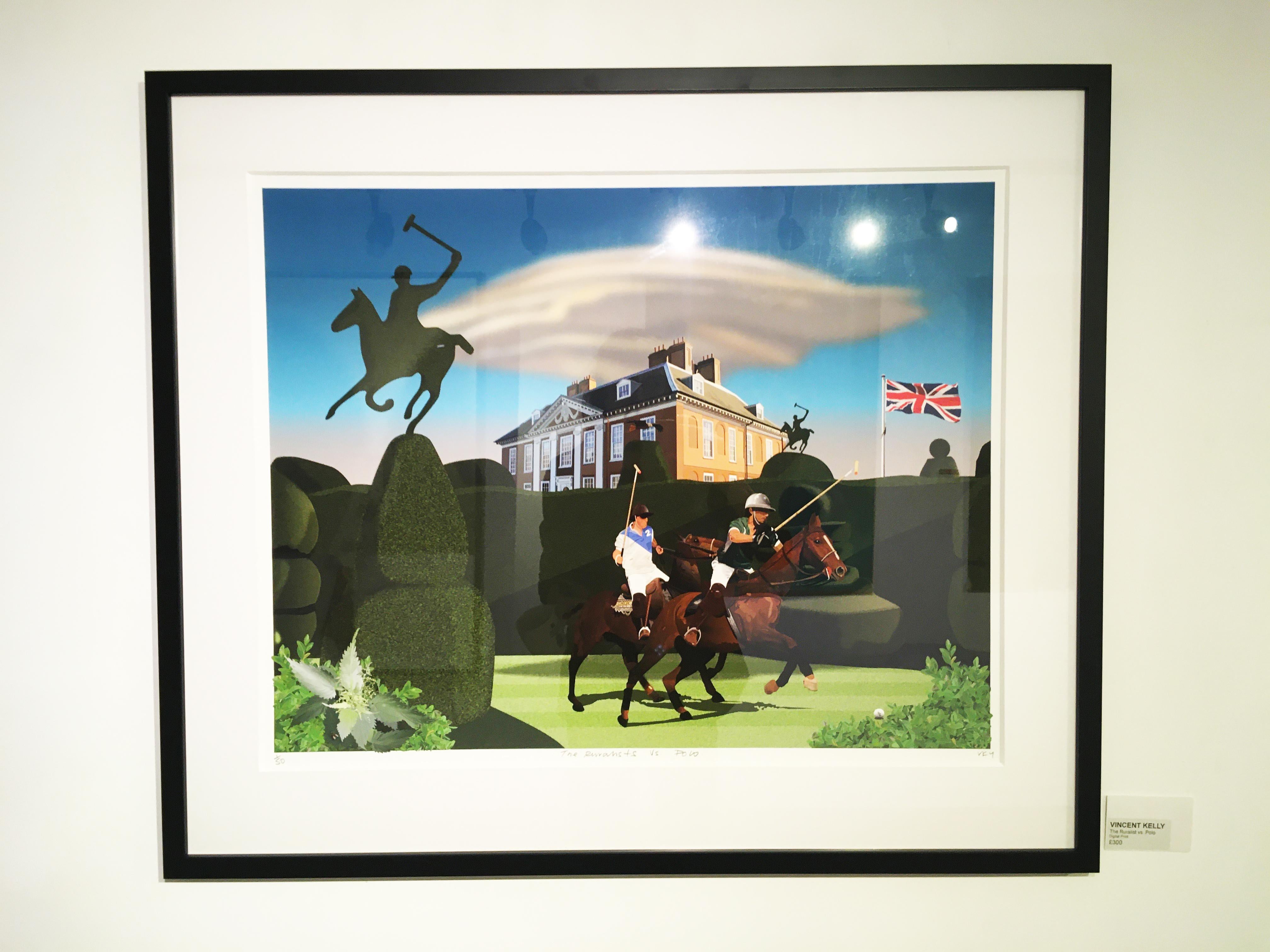The Ruralist vs Polo - Contemporary Digital Print Drawing Collage framed - Gray Figurative Print by Vincent Kelly