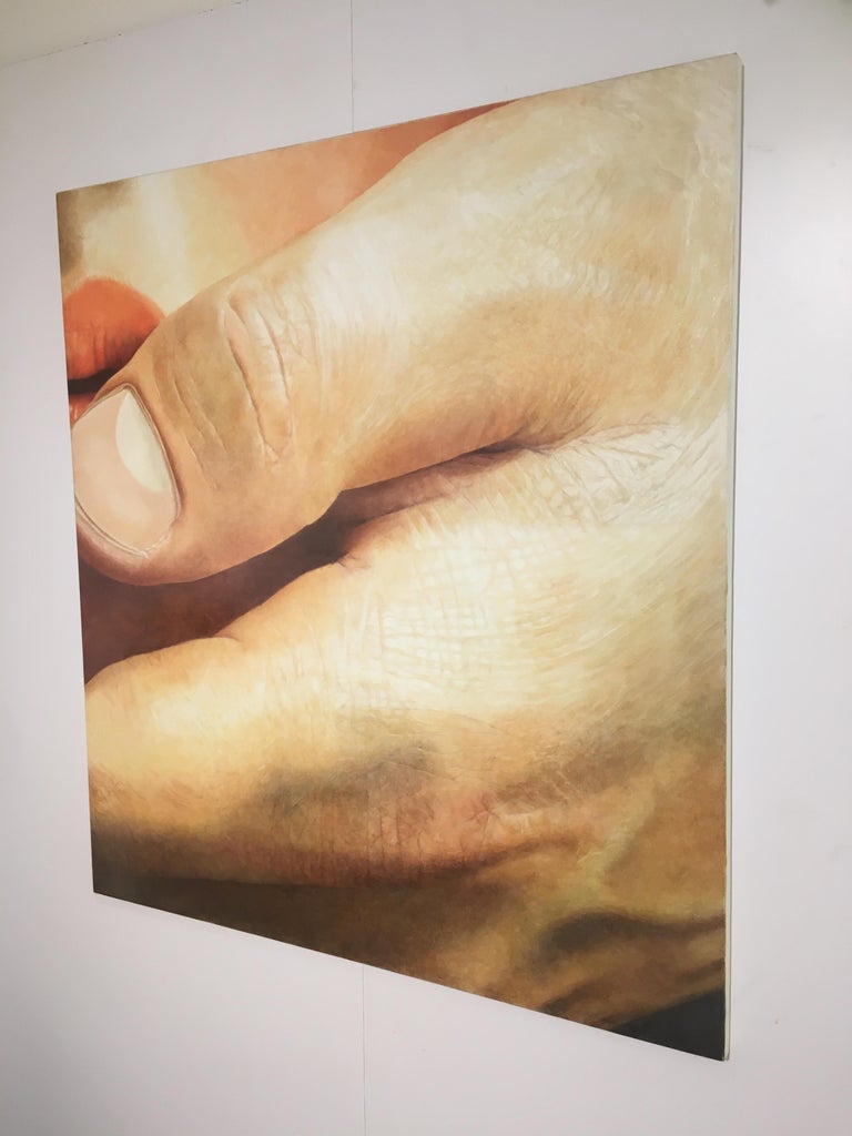 Touch 2 - photorealistic woman face close up lip hand thumb detail oil canvas - Painting by Anne Moses