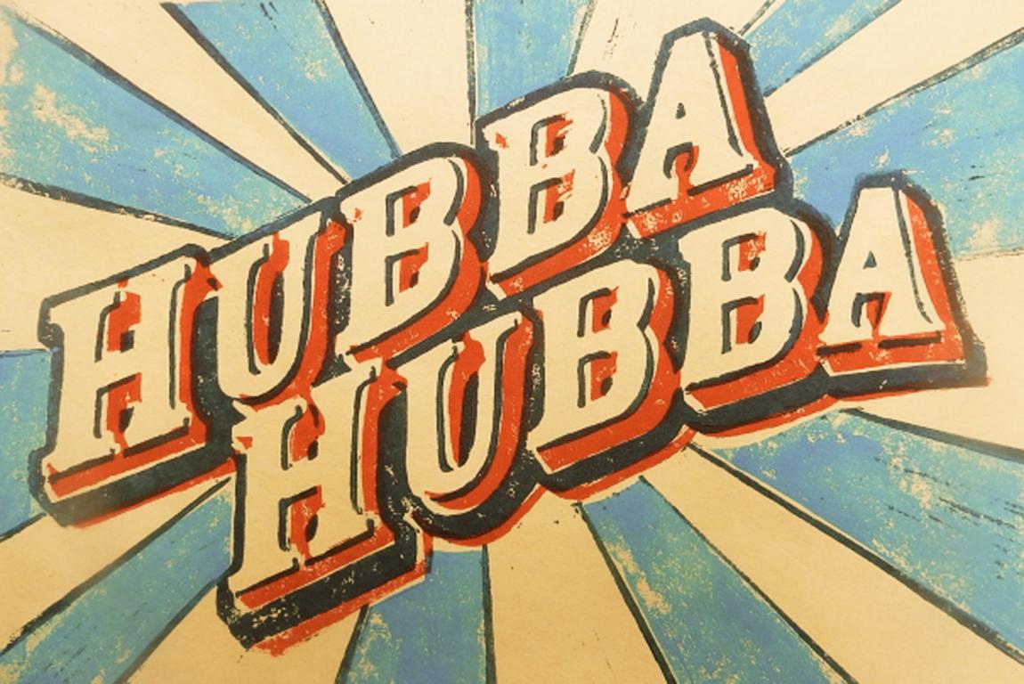Hubba -  pop art writing bright colourful aluminium metal print  - Print by Shelley Dyer-Gibbins