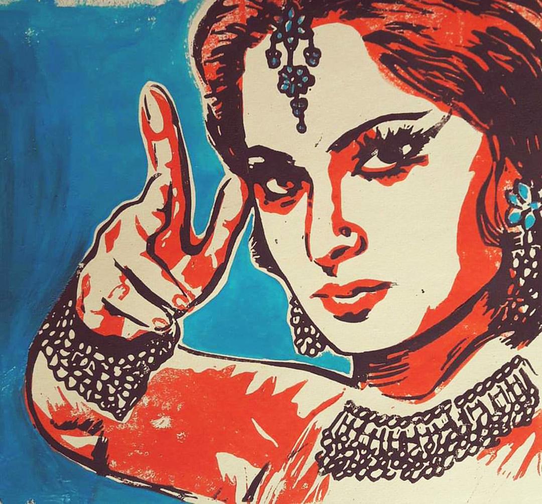 Bolly - figurative woman portrait pointing bollywood poster colourful print