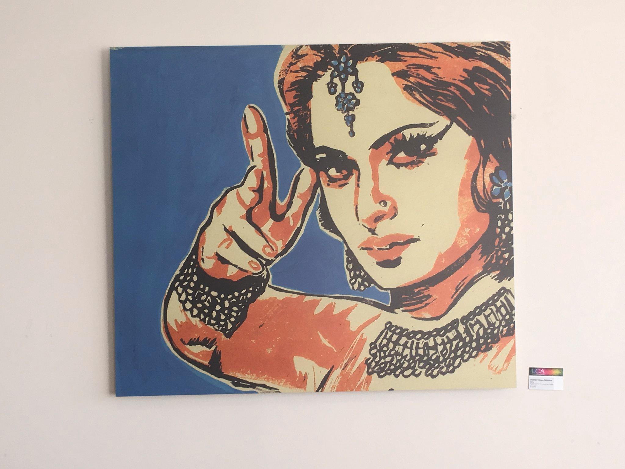 Bolly - figurative woman portrait pointing bollywood poster colourful print - Print by Shelley Dyer-Gibbins