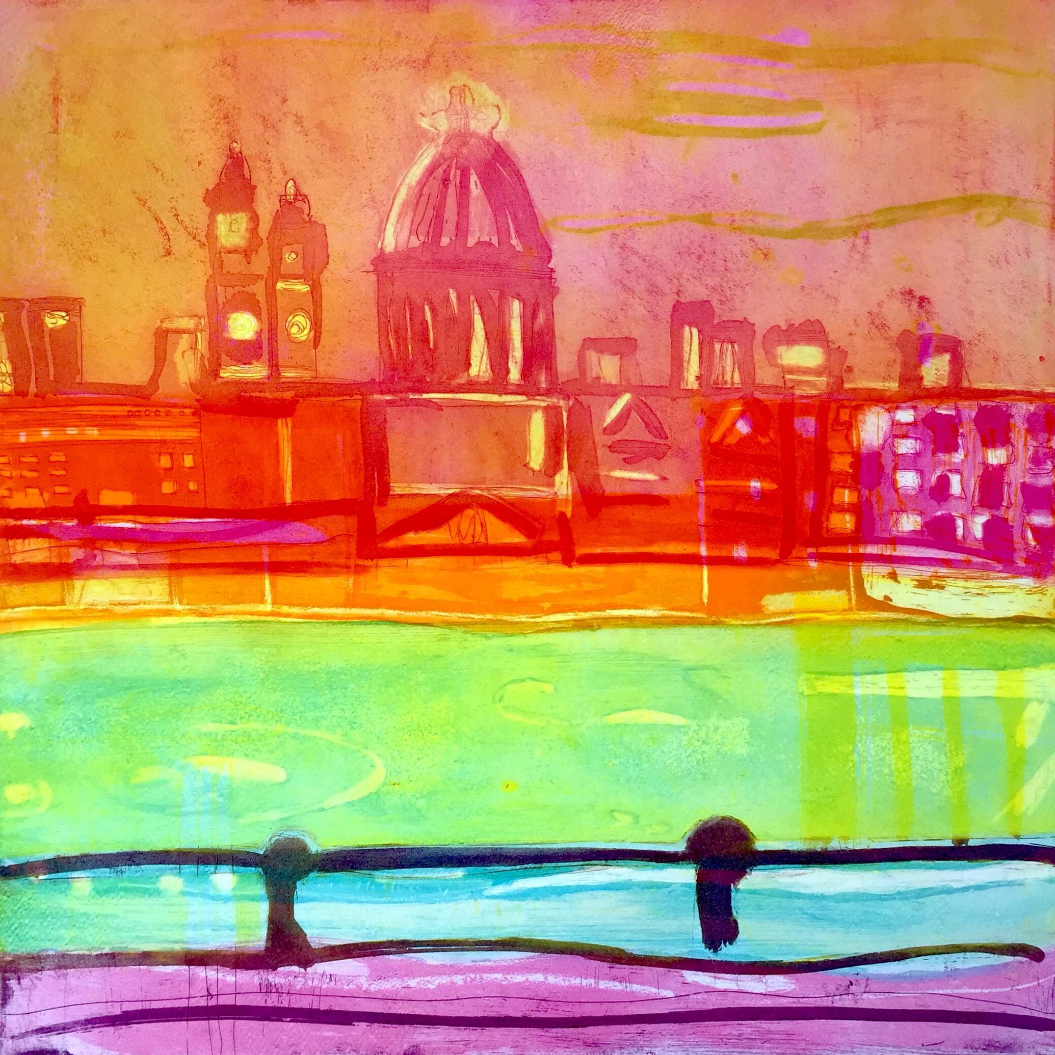 Summer on the Southbank - vibrant colour, fluid line etching print London