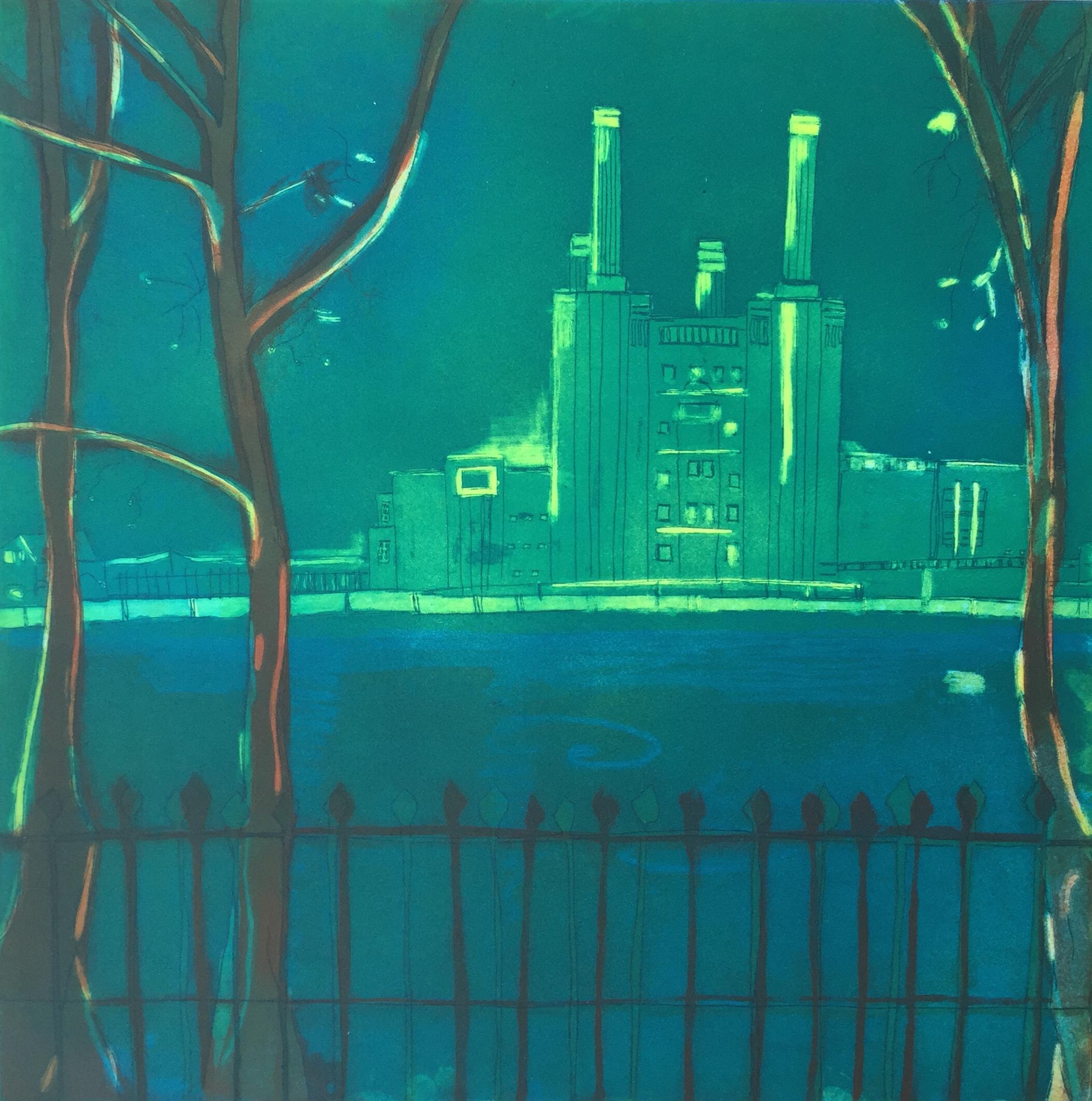 Louise Davies Landscape Print - The River by Moonlight - vibrant color, fluid line etching Battersea station 
