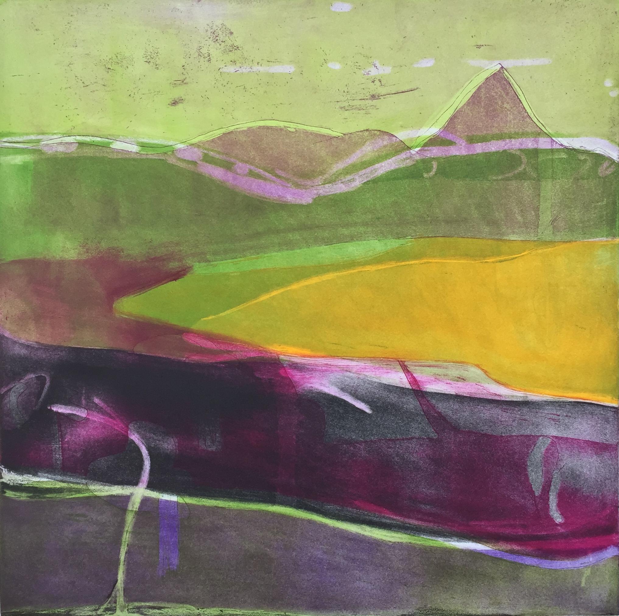 Misty Morning - vibrant colour, fluid line etching print landscape - Print by Louise Davies