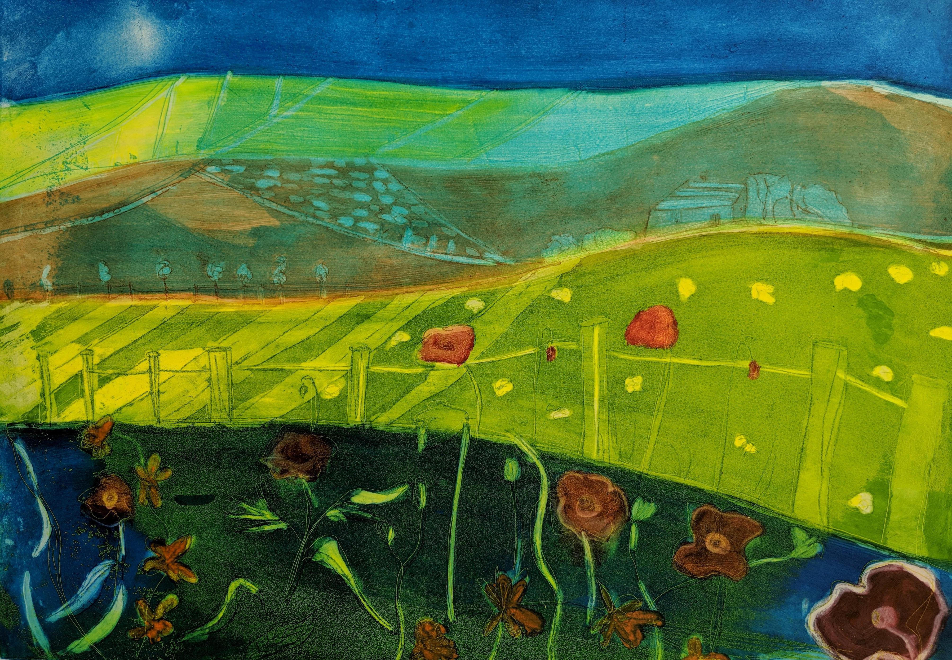 Louise Davies Landscape Print - The Hills at Dusk - vibrant colour and fluid line print etching
