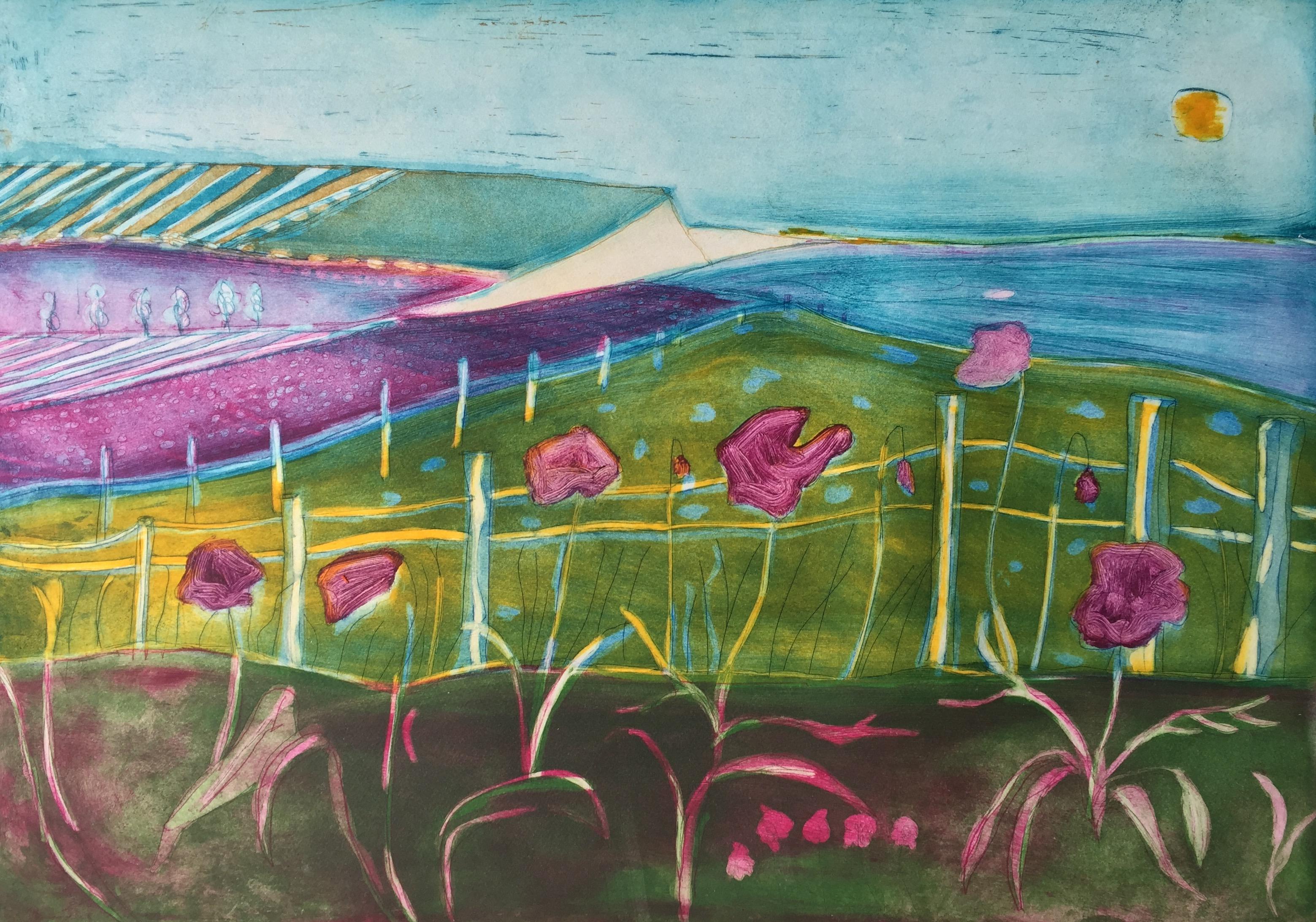 To the Sea - vibrant colour and fluid line etching landscape countryside