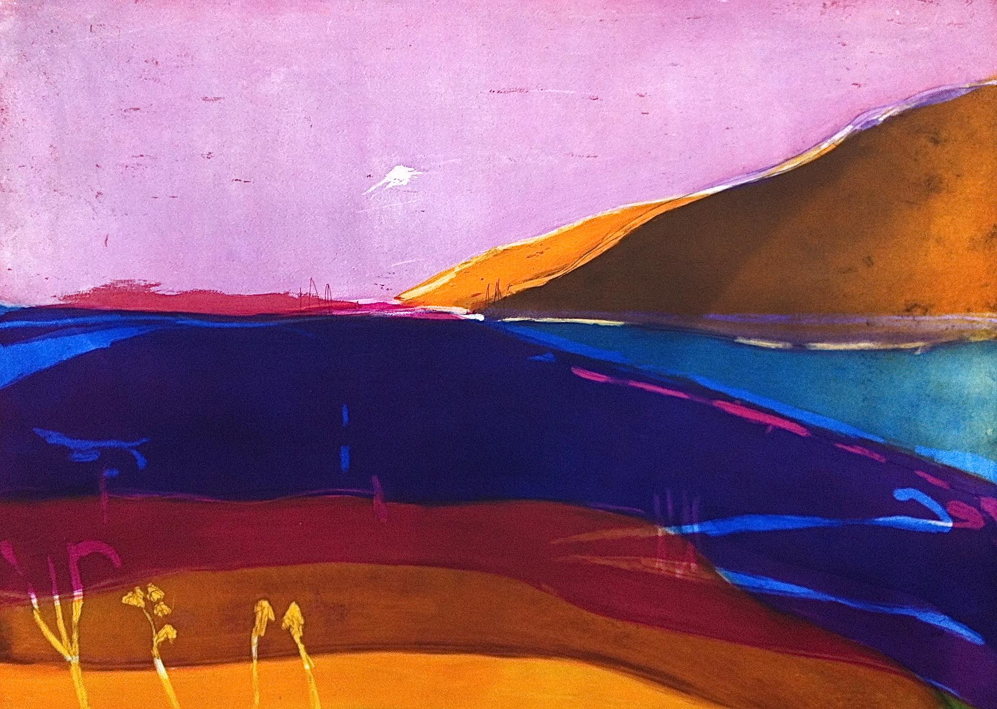 Louise Davies Landscape Print - Fading Light - vibrant colour, fluid line etching purple landscape