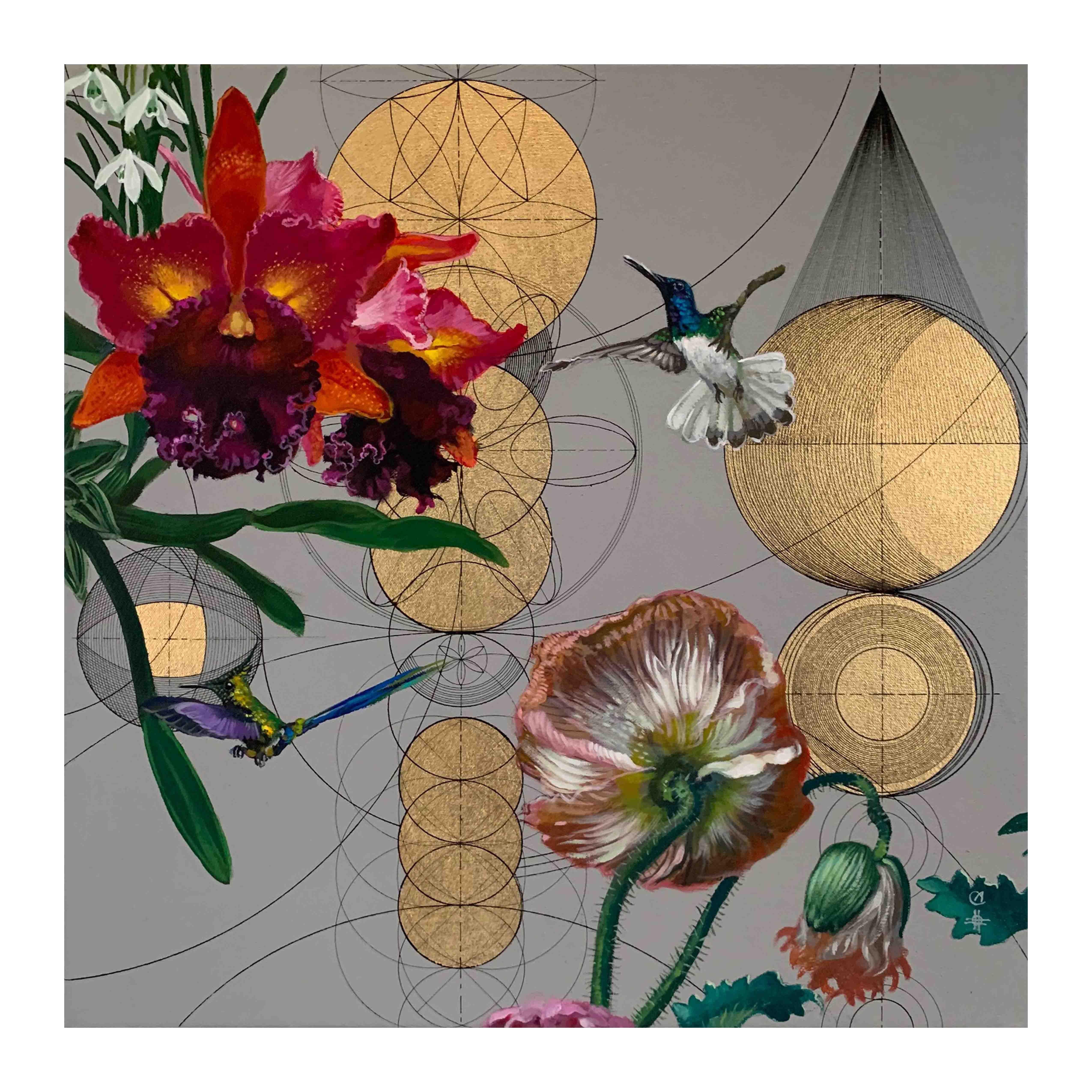 Inside n.9 -  collaborative geometric birds floral colourful mixed media artwork - Gold Animal Painting by Keng Wai Lee & Marco Araldi