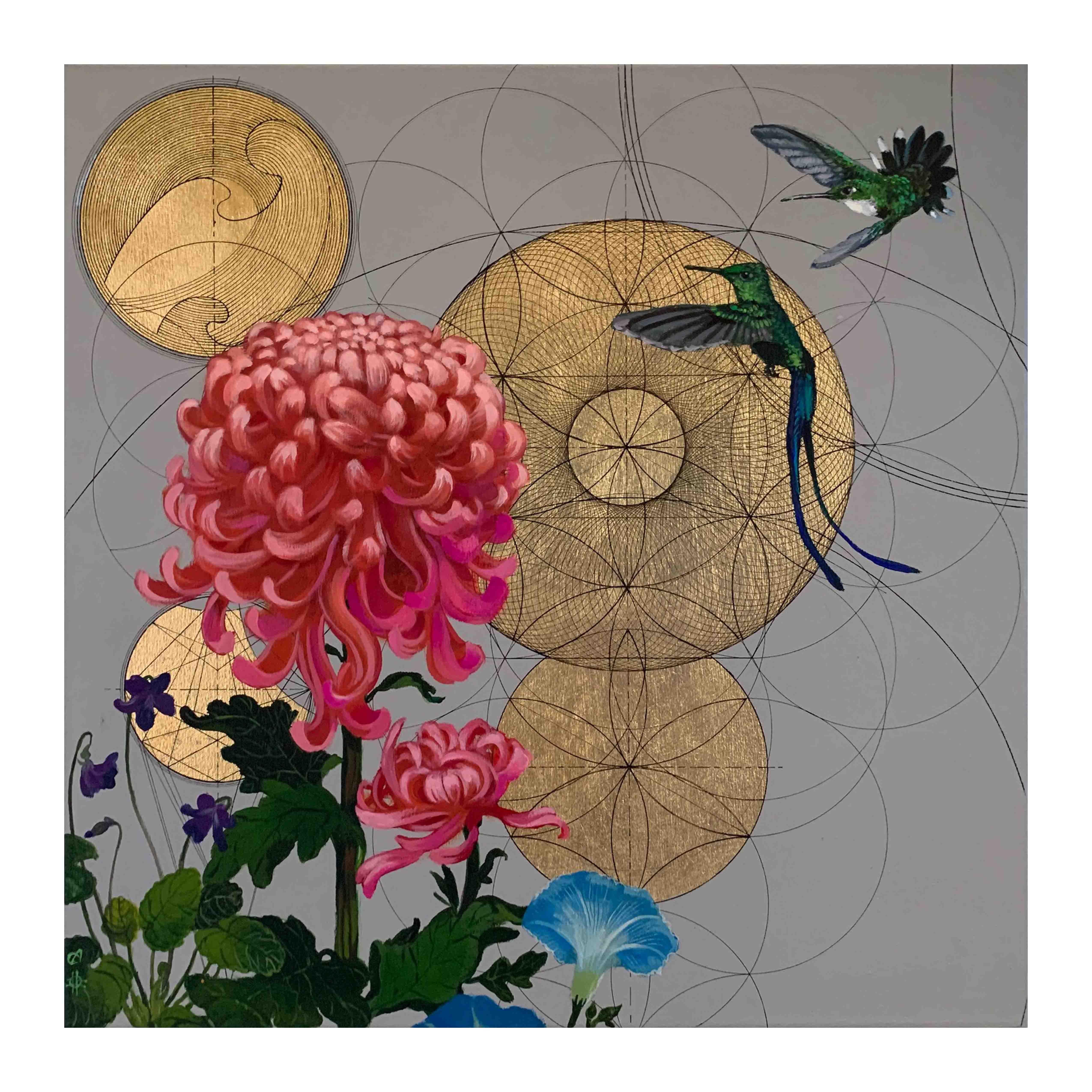 Inside n.9 -  collaborative geometric birds floral colourful mixed media artwork - Painting by Keng Wai Lee & Marco Araldi