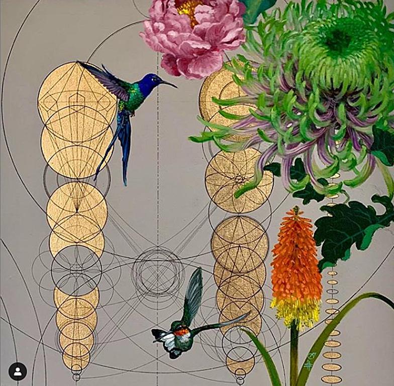 Inside n.9 -  collaborative geometric birds floral colourful mixed media artwork For Sale 2