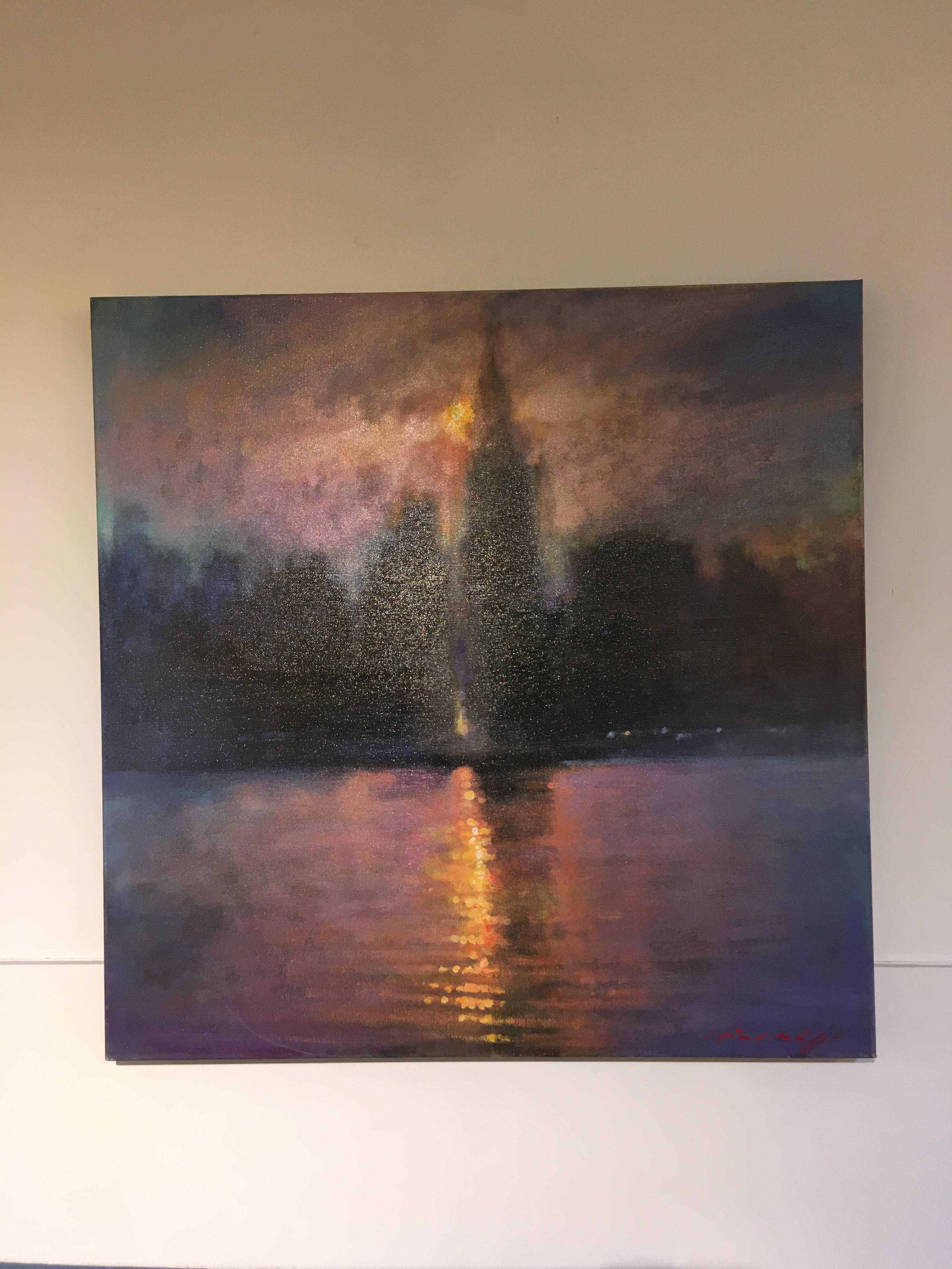 Summer Sunset - contemporary impressionism landscape London river colourful - Painting by David Hinchliffe
