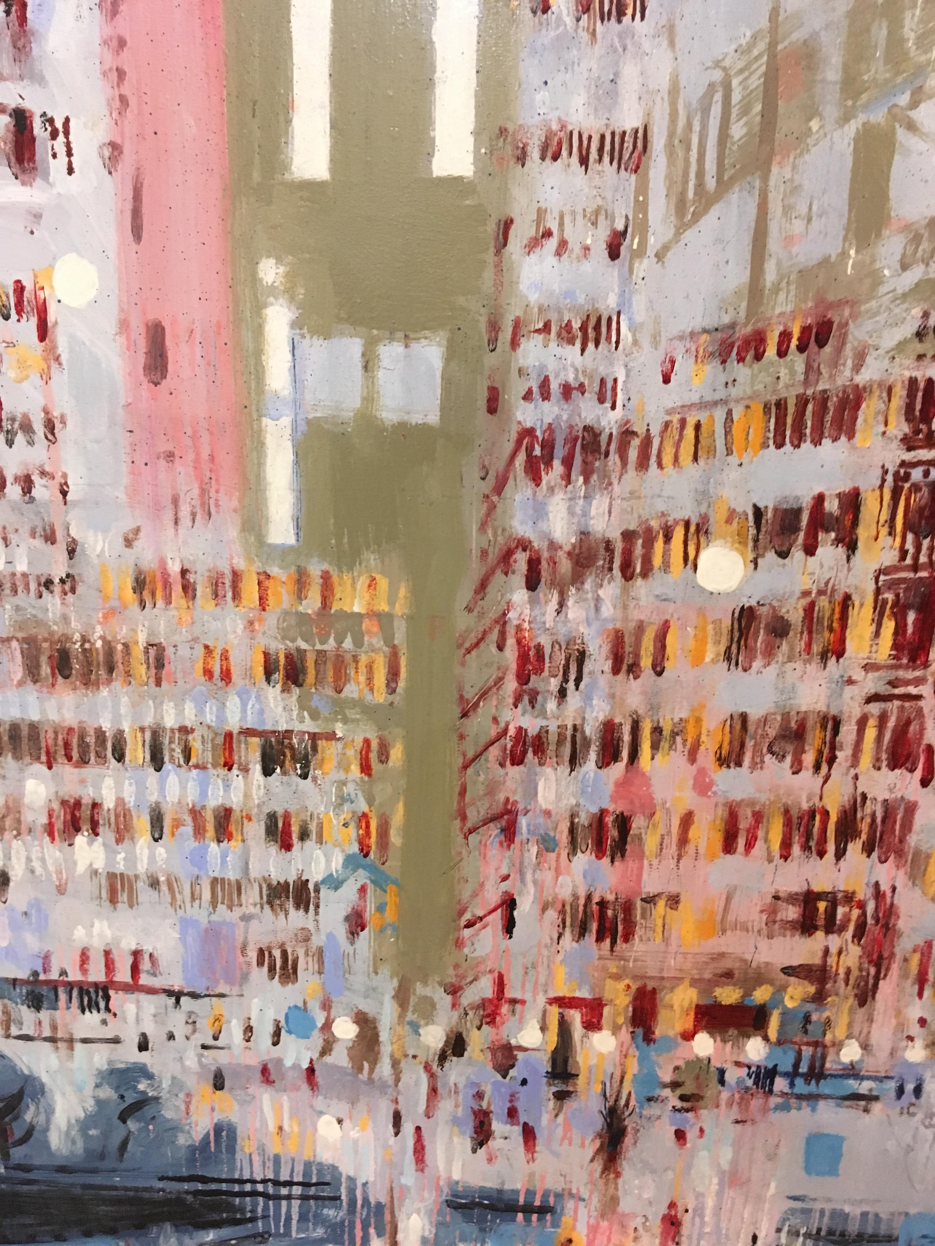 Grande ville 3 - paysage urbain contemporain, peinture à l'huile au pochoir multicolore de Londres - Marron Landscape Painting par Brian Elwell