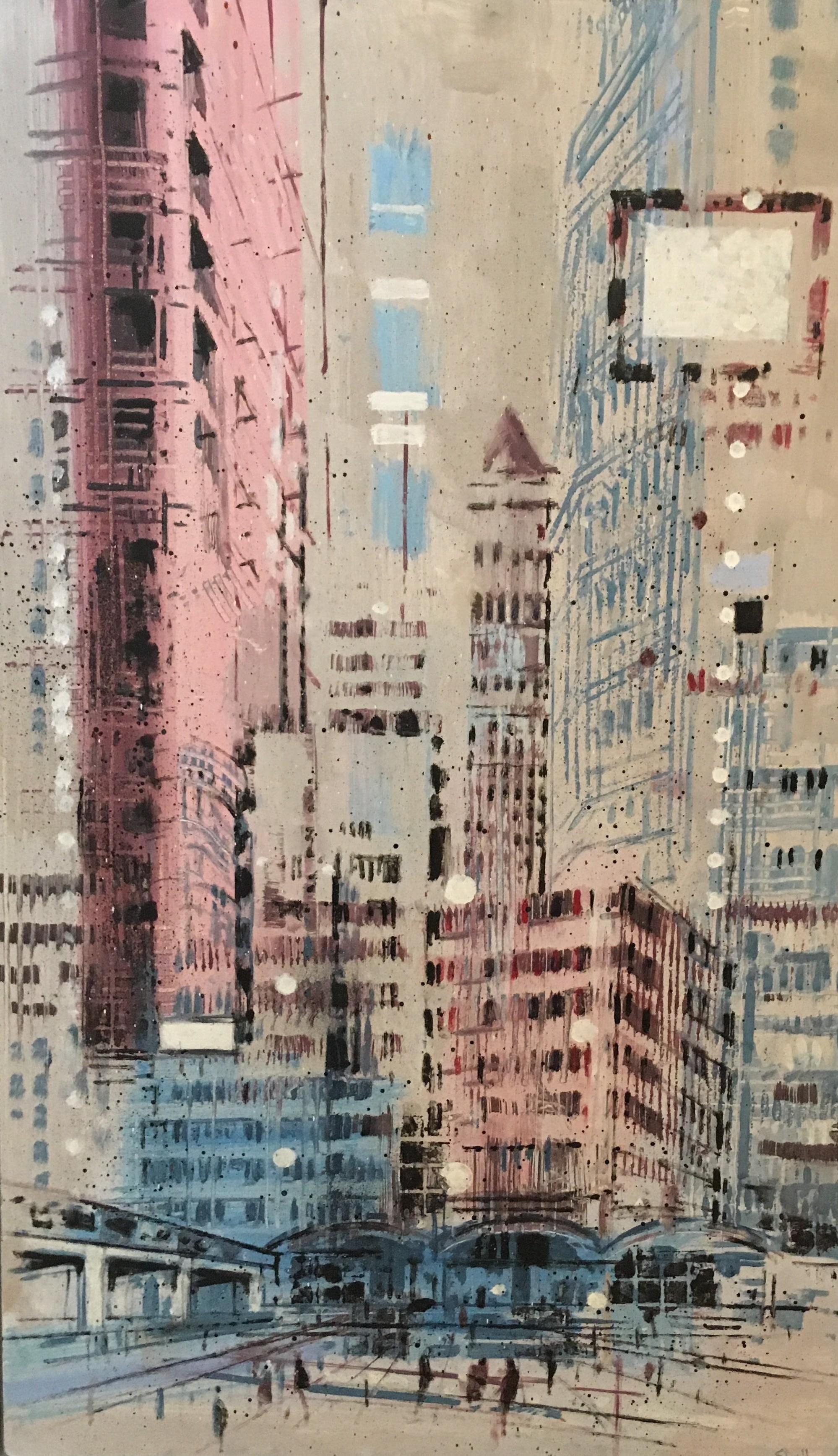 Brian Elwell Figurative Painting - Tall City 2 - contemporary cityscape London city multicoloured oil painting