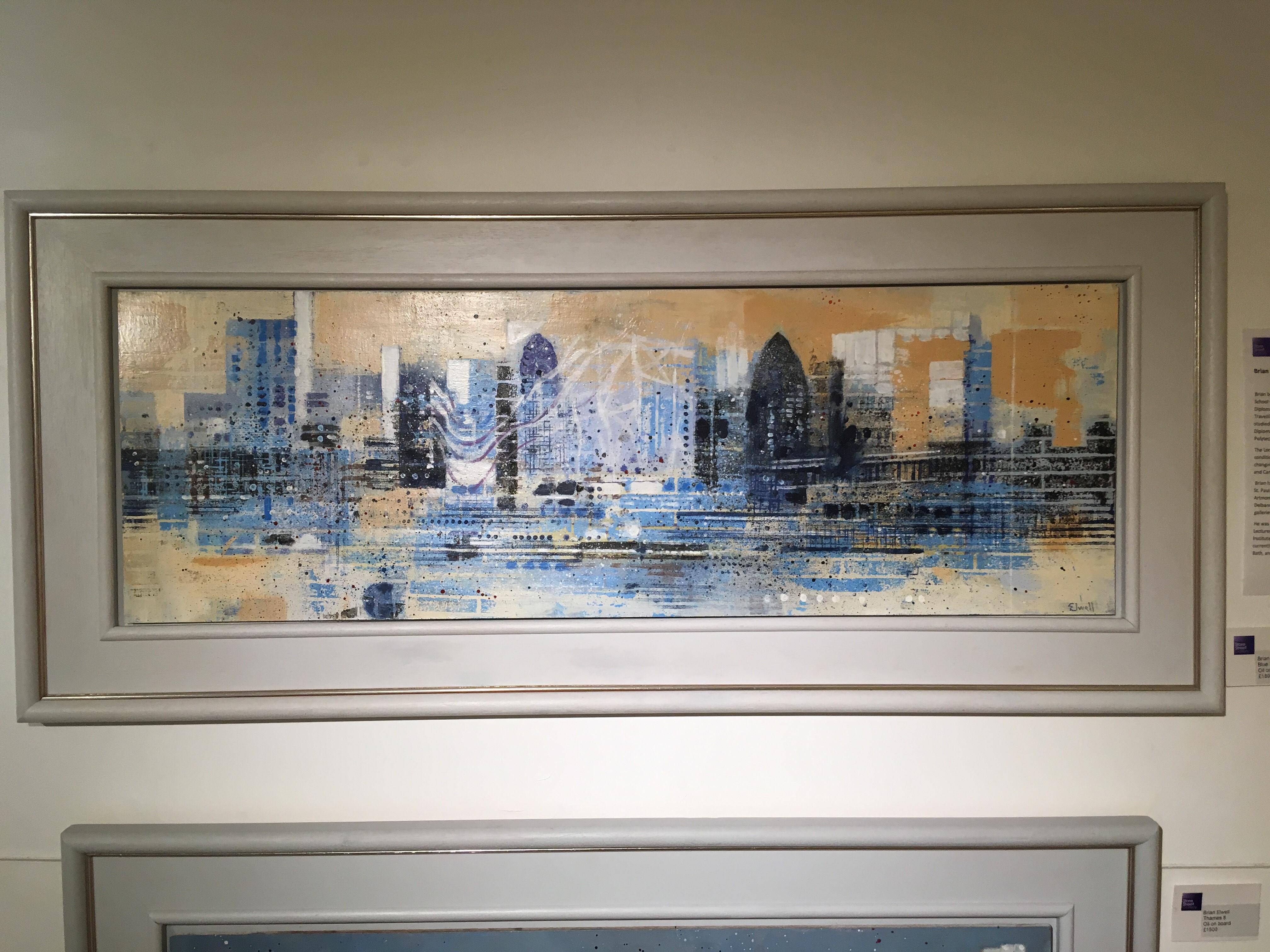 Blue Thames - panoramatic landscape cityscape London Thames buildings view blue - Painting by Brian Elwell