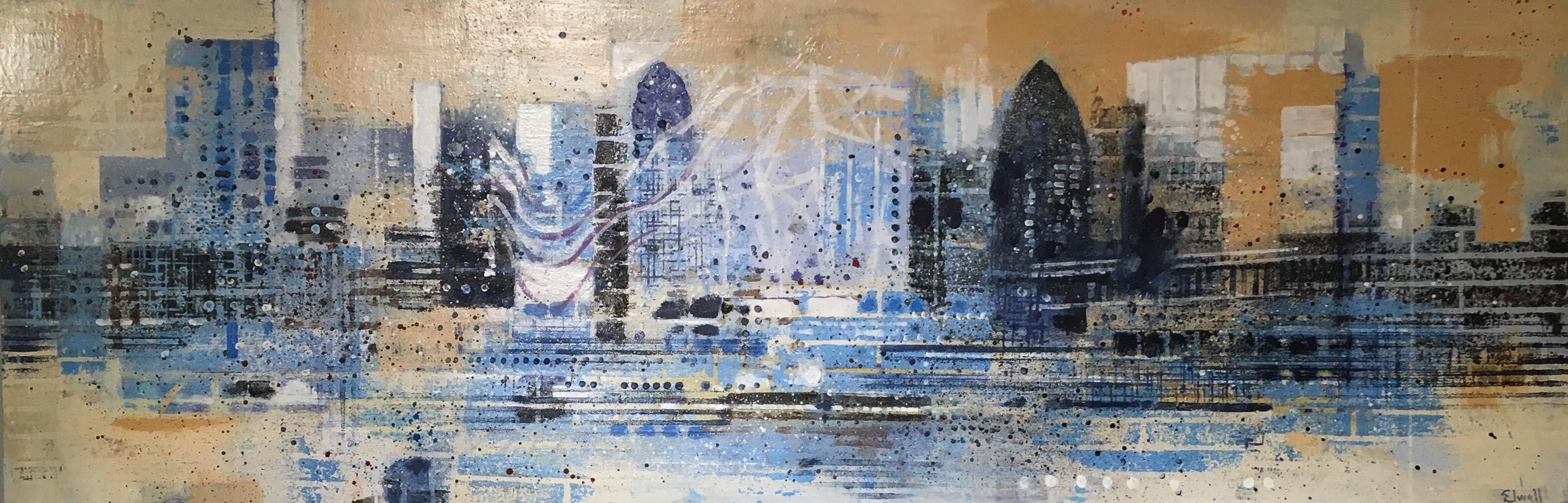 Brian Elwell Figurative Painting - Blue Thames - panoramatic landscape cityscape London Thames buildings view blue