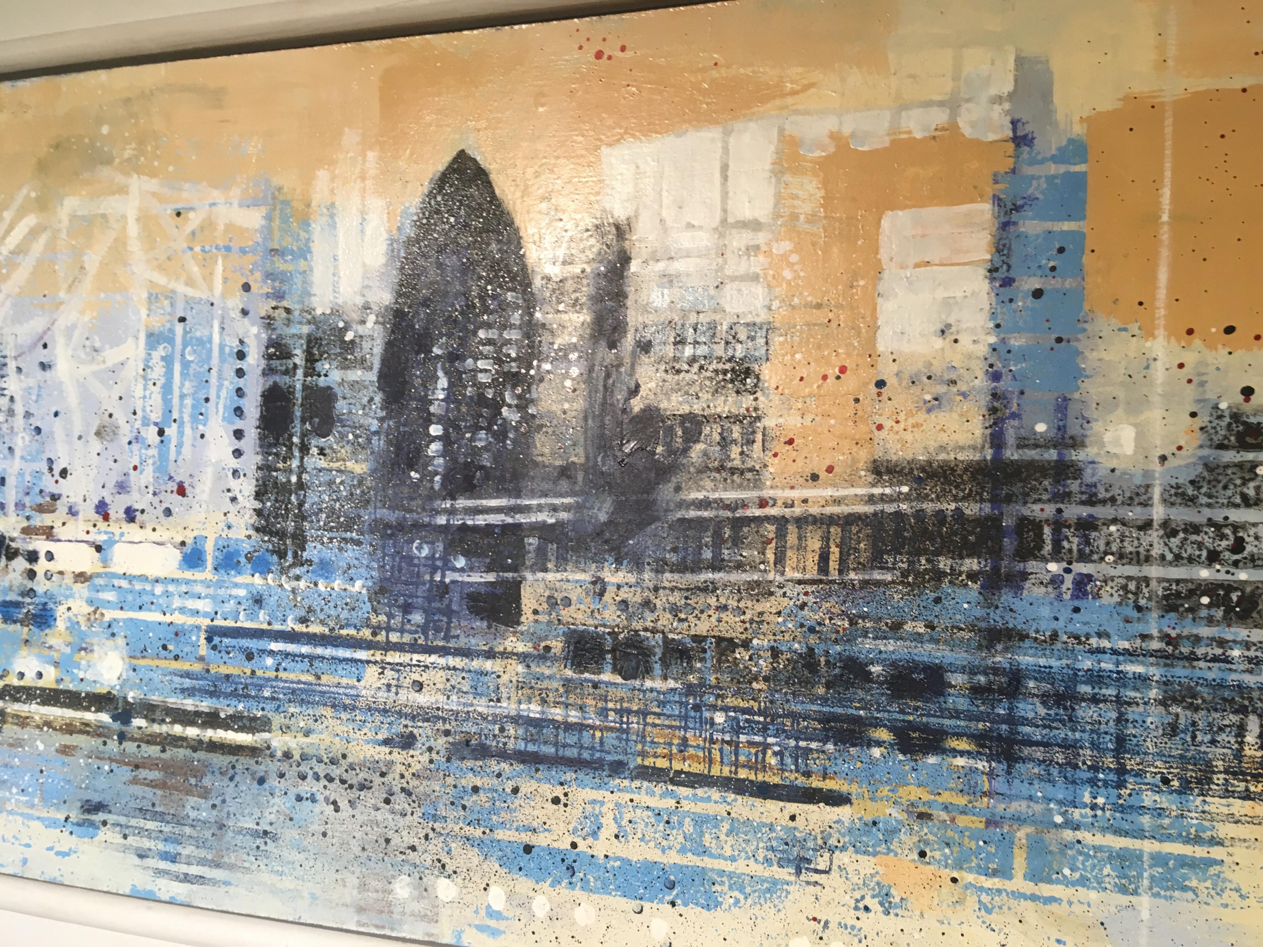La Tamise bleue - paysage panoramatique, paysage urbain, bâtiments de la Tamise de Londres, vue sur le bleu - Gris Figurative Painting par Brian Elwell