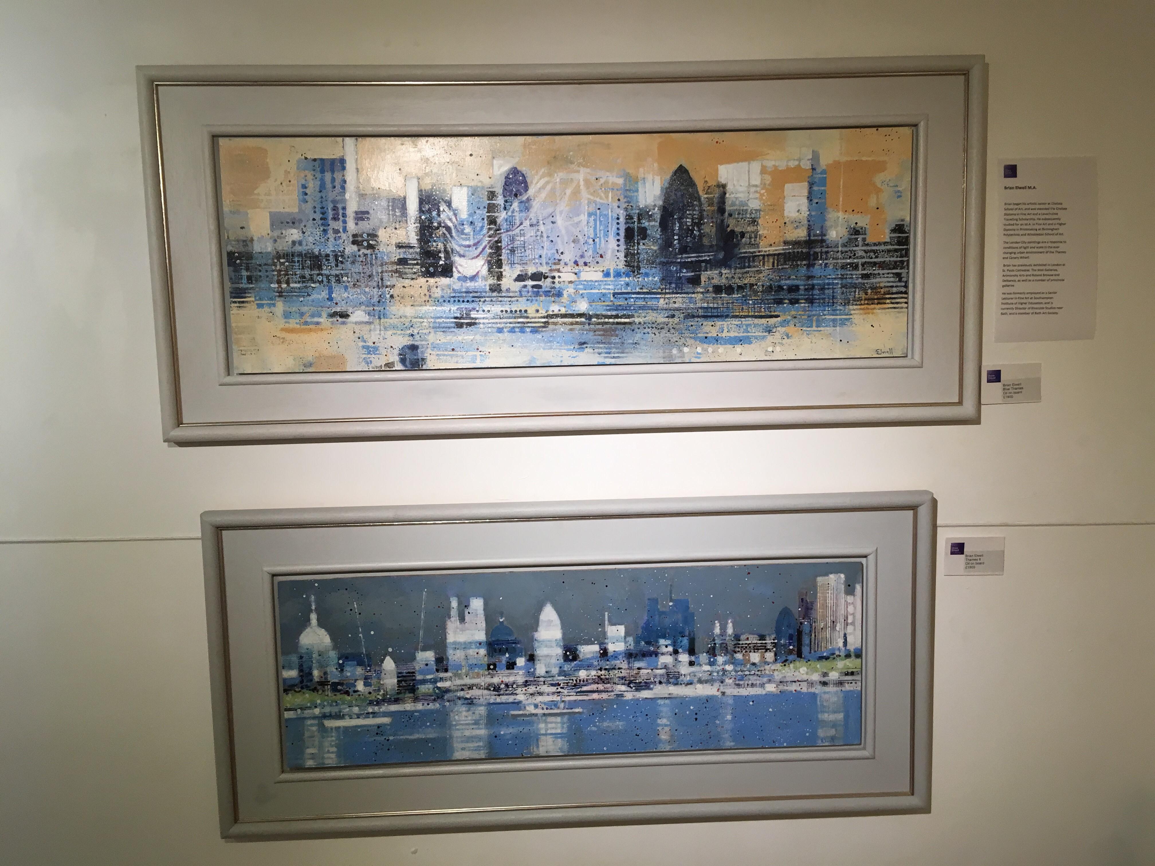 Blue Thames - panoramatic landscape cityscape London Thames buildings view blue - Contemporary Painting by Brian Elwell