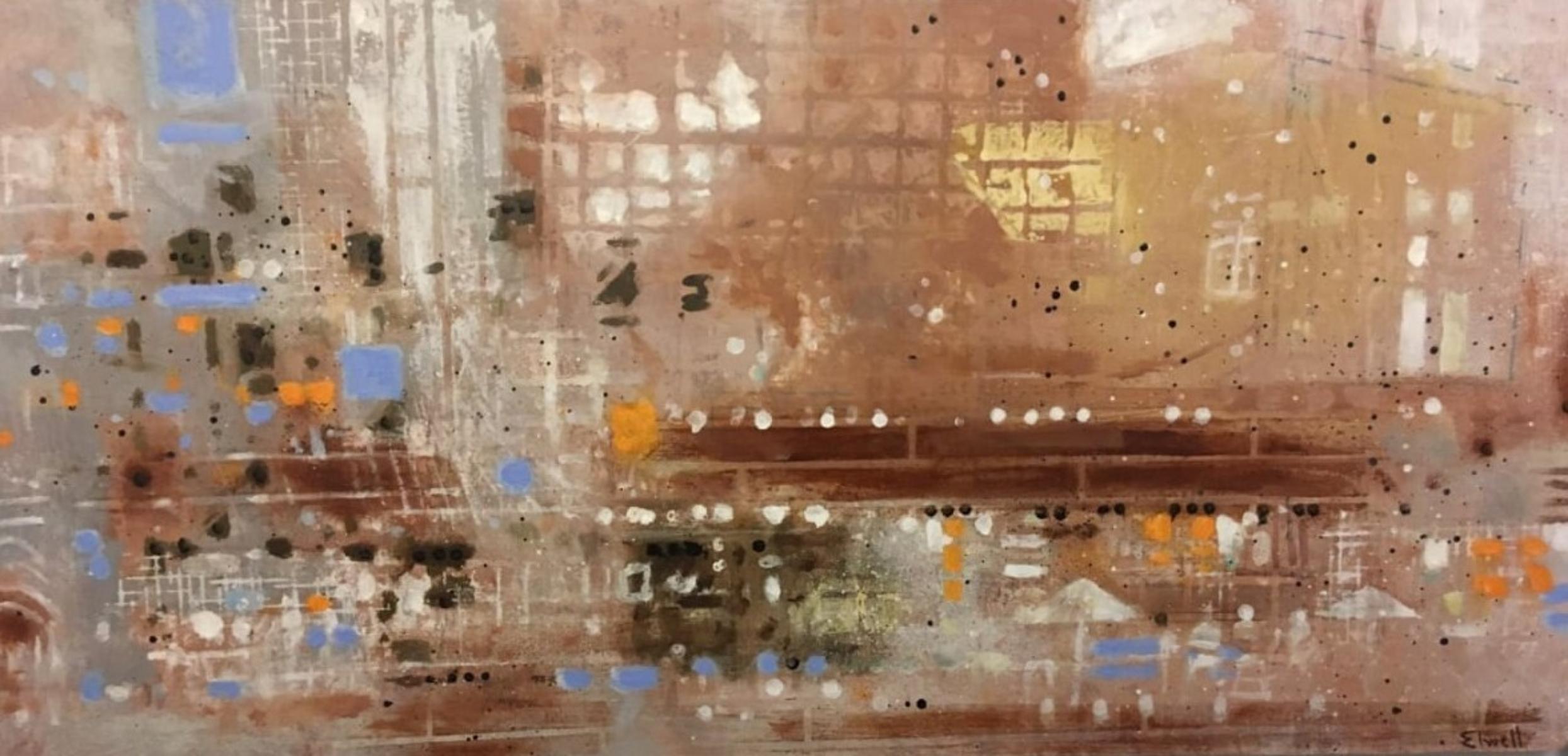 Landscape Painting di Brian Elwell - Aix Cafe - tavola astratta contemporanea con paesaggio urbano e caffè