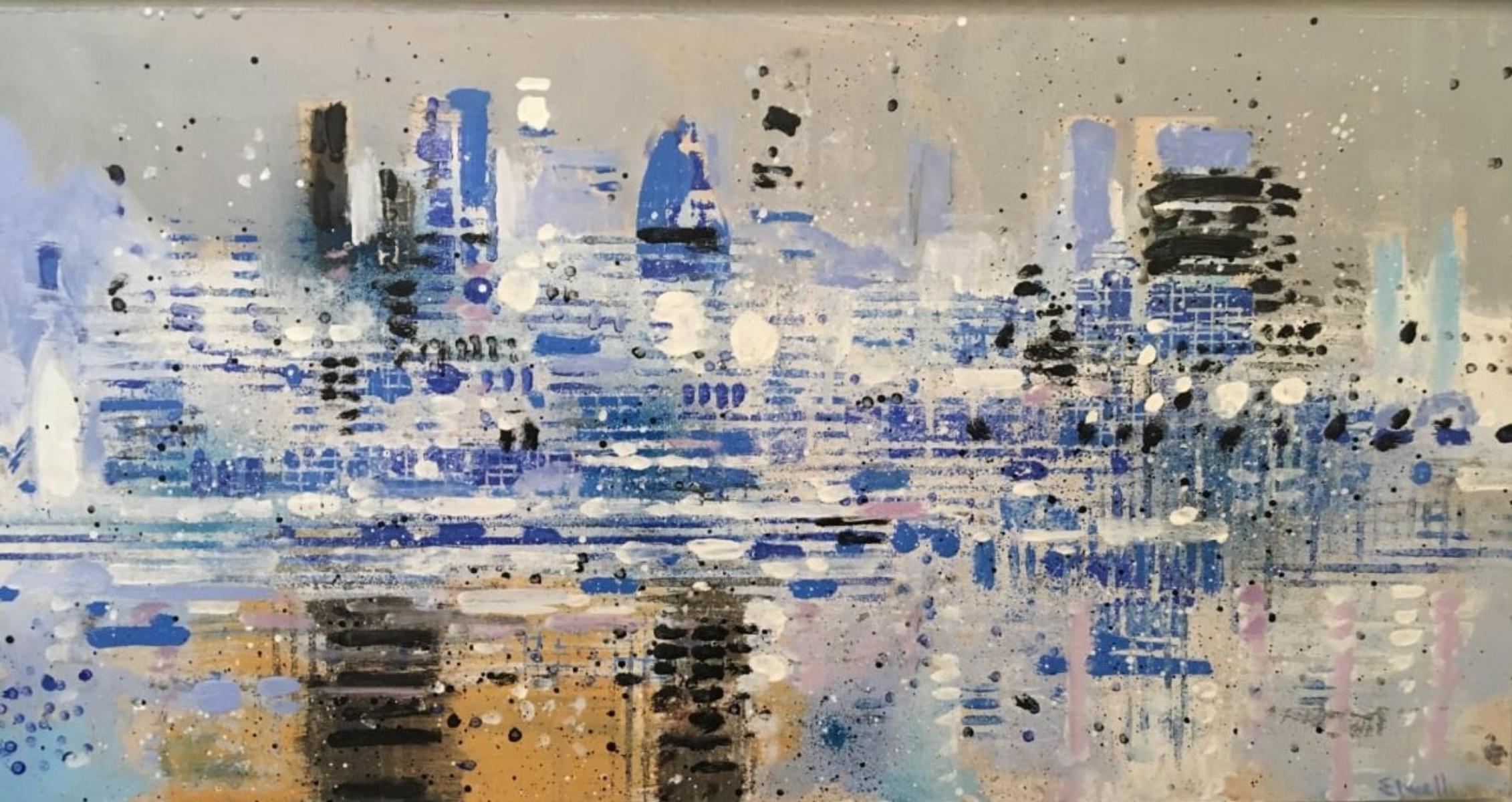 Landscape Painting Brian Elwell - Blue Lights - Planche à l'huile bleue de paysage urbain contemporain de Londres