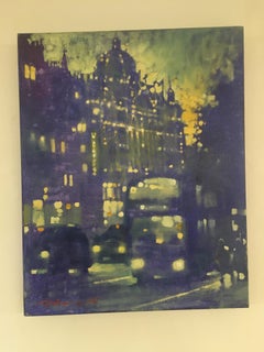 Knightsbridge Evening Lights - contemporary dark blue night London cityscape