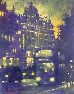 Knightsbridge Evening Lights - contemporary dark blue night London cityscape