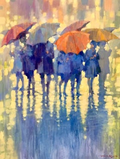 Red Umbrella - impressionist figurative painting umbrellas rainy night