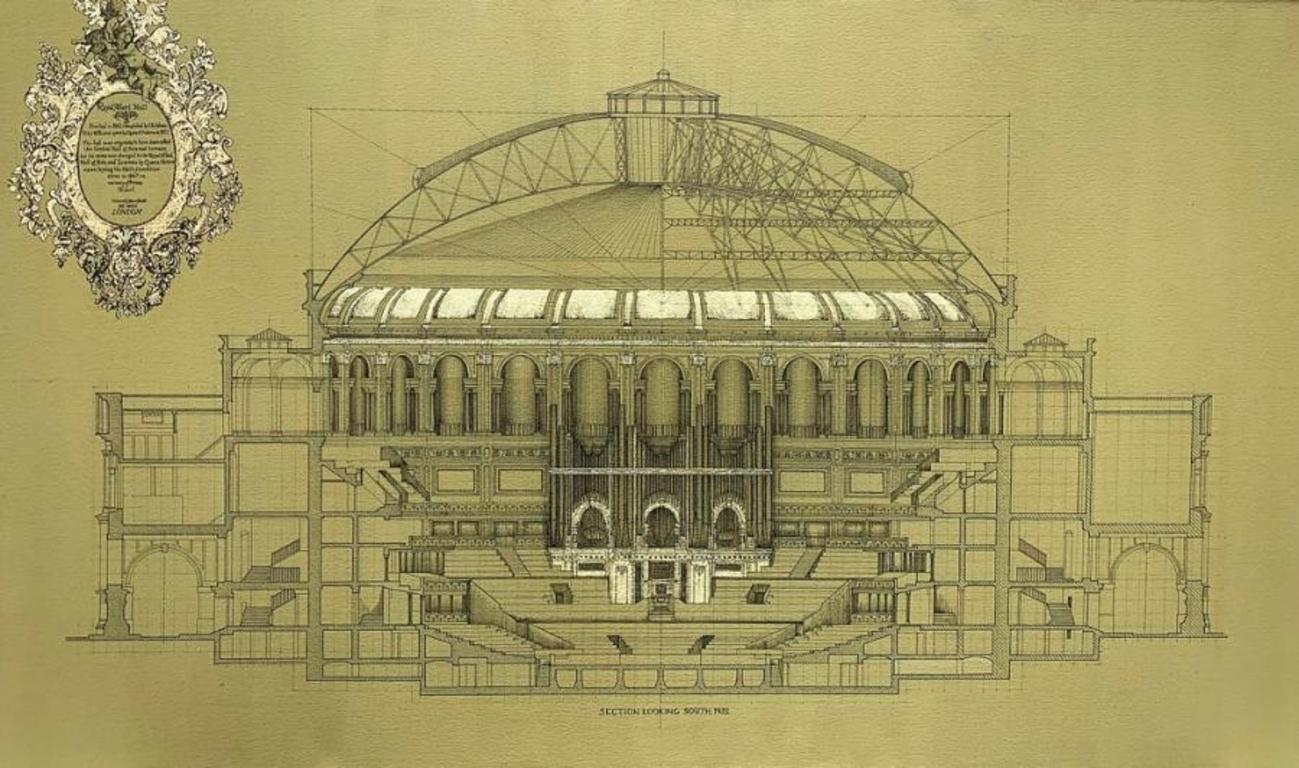 Royal Albert Hall - contemporary architecture detailed ink drawing on canvas - Painting by Marco Araldi