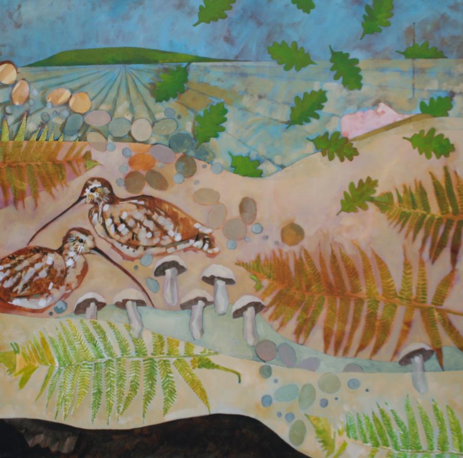 Christopher Rainham Landscape Painting - Pulling Bracken - contemporary acrylic painting nature forest birds mushroom