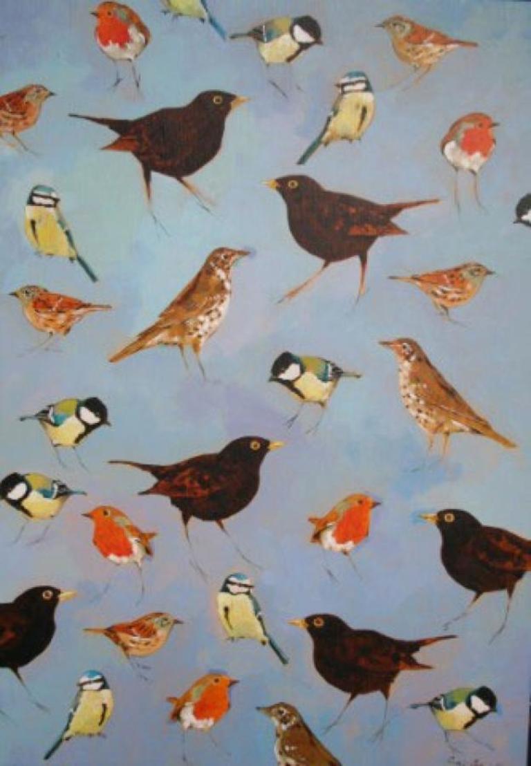 Garden Birds - contemporary British garden birds nature acrylic painting canvas - Painting by Christopher Rainham