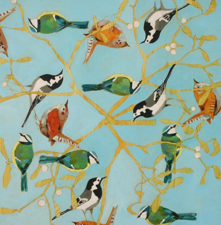 Christopher Rainham Animal Painting - The Game of Forfeits Done - contemporary nature birds acrylic painting canvas