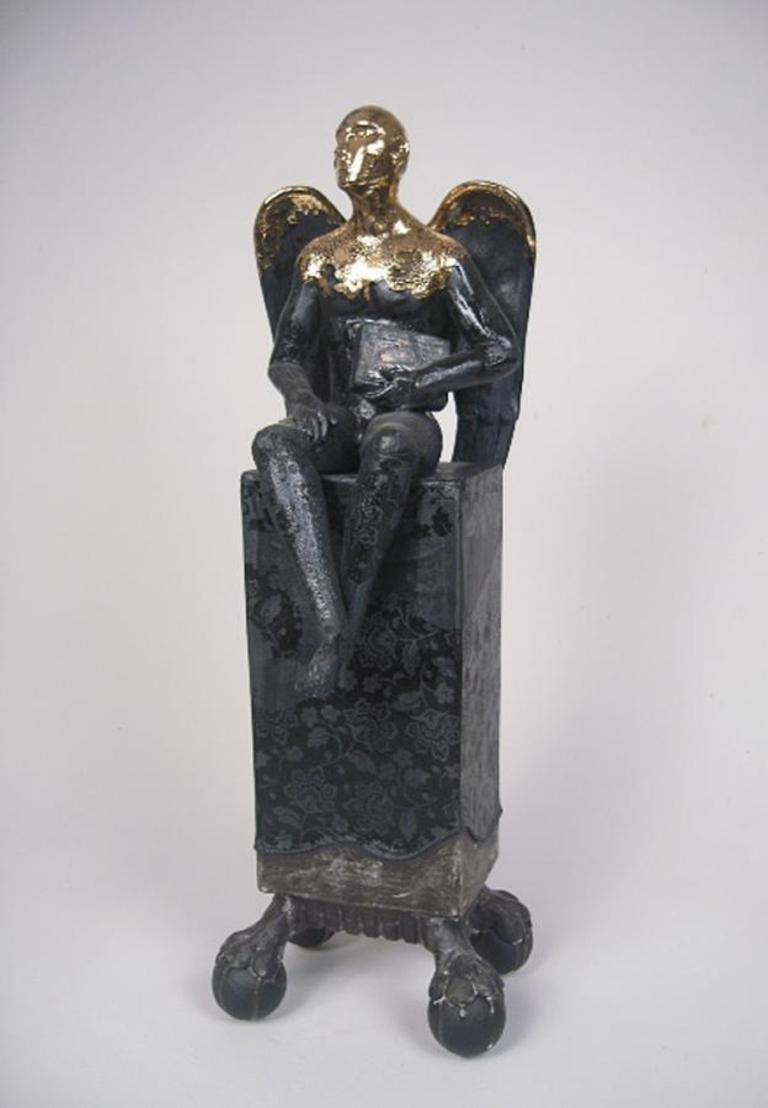 Pierre Williams Figurative Sculpture - Seated Angel on Clawed Plinth - contemporary ceramic sculpture