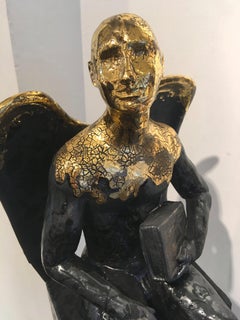 Seated Angel on Clawed Plinth - contemporary ceramic sculpture