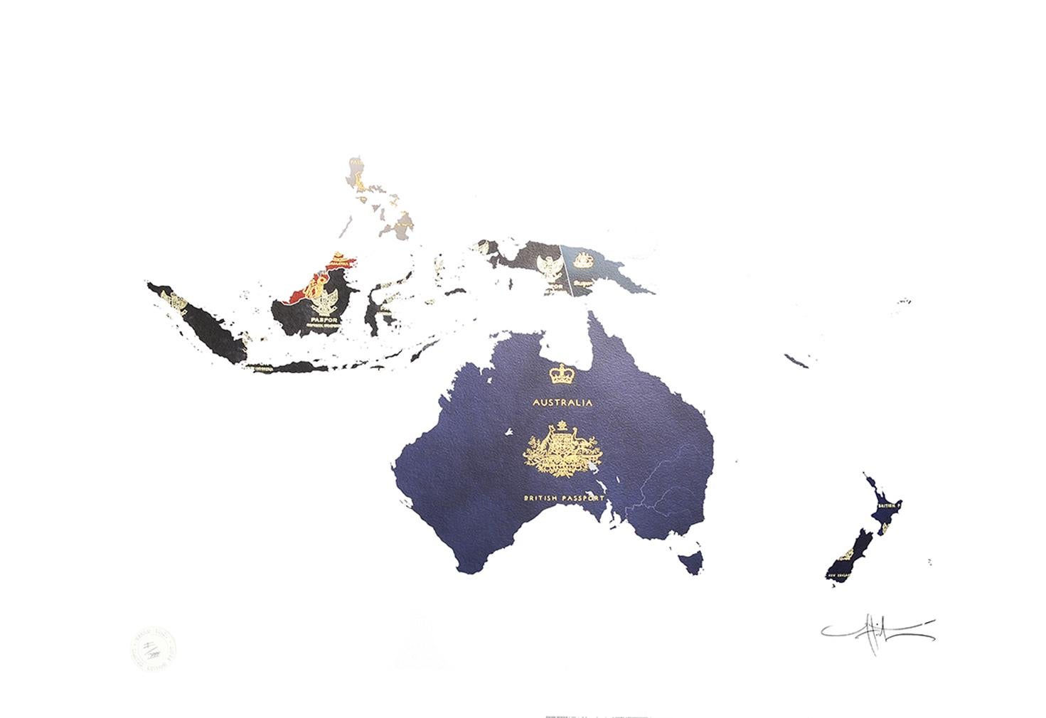 Australasia - mixed media passport map print hand painted