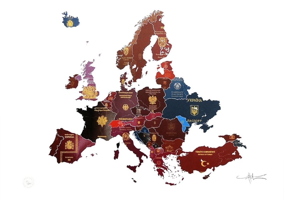 Europe - mixed media passport map print hand painted
